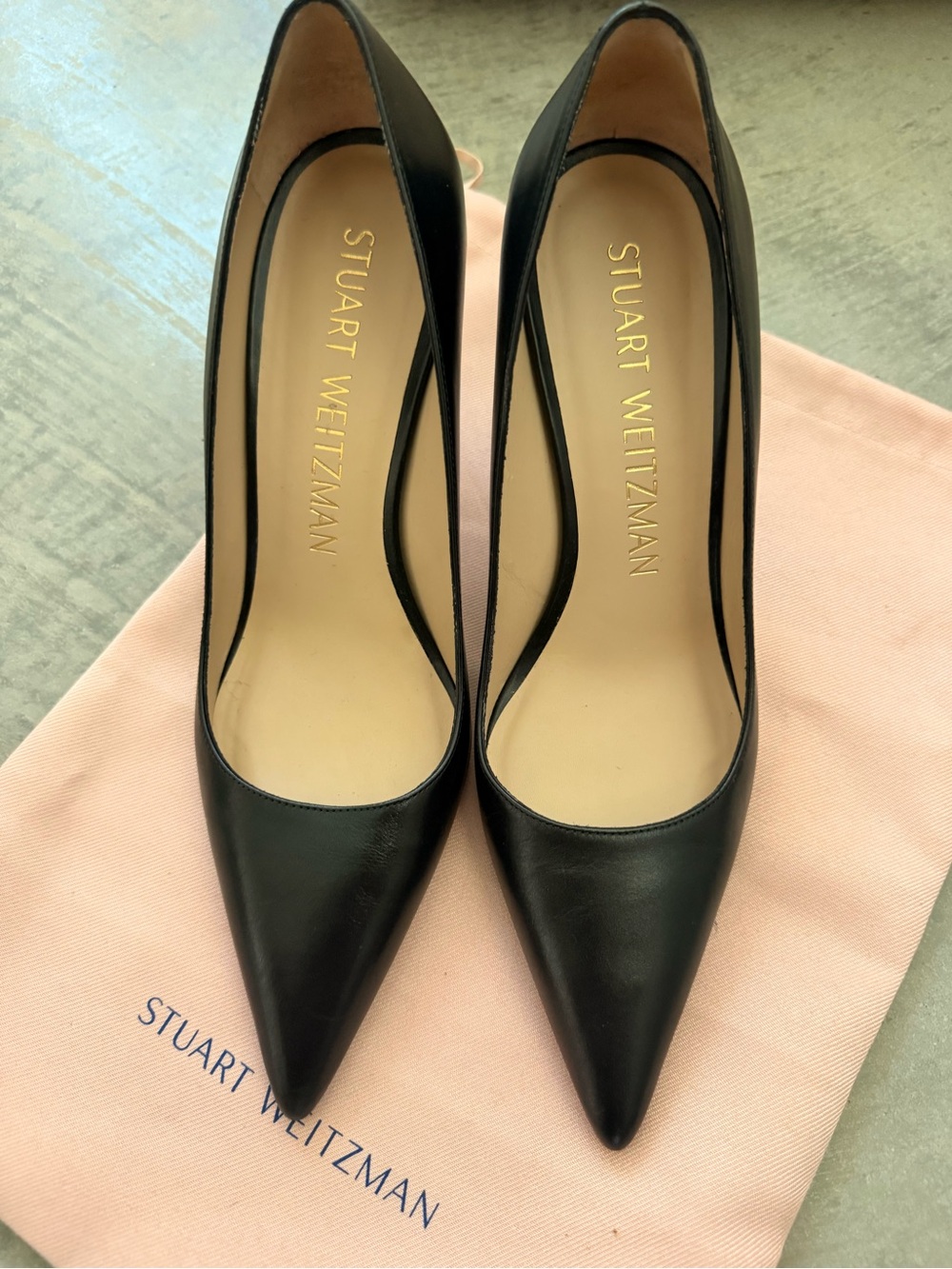 Stuart Weitzman Black Pointed-Toe Leather Stiletto Pumps
